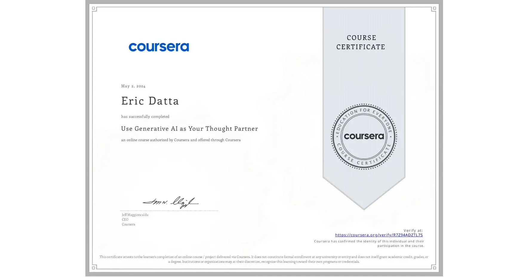Coursera course certificate with verification link as an online microcredentials example. Coursera course certificate with verification link as an online microcredentials example.