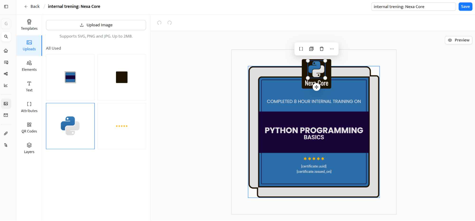 Certifier editor showing a Python programming badge template for digital credentials for awarding bodies. Certifier editor showing a Python programming badge template for digital credentials for awarding bodies.