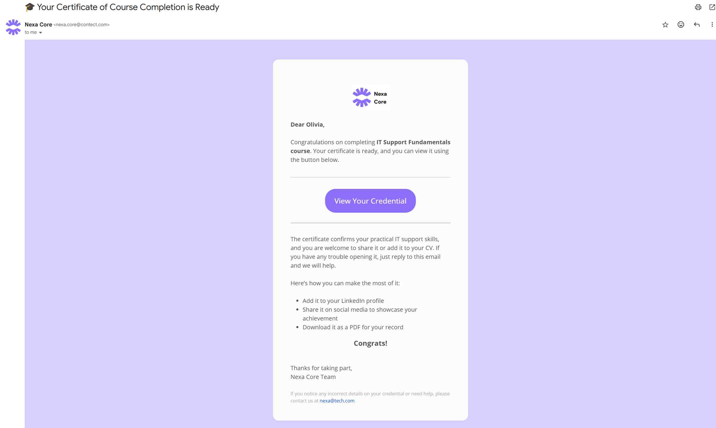 Sending certificates via email sample showing a personalized Nexa Core course completion credential message. Sending certificates via email sample showing a personalized Nexa Core course completion credential message.