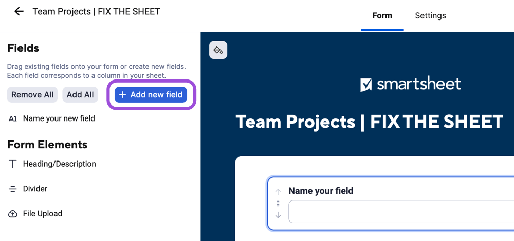 Smartsheet form builder menu with the option to add new sheet fields.