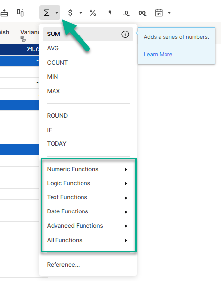Smartsheet formula menu showing IF, TODAY, and date functions.