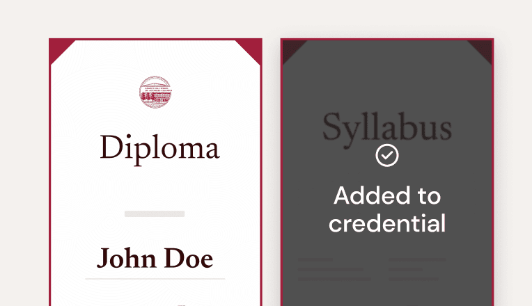 Syllabus page added to a credential next to a doctoral degree certificate