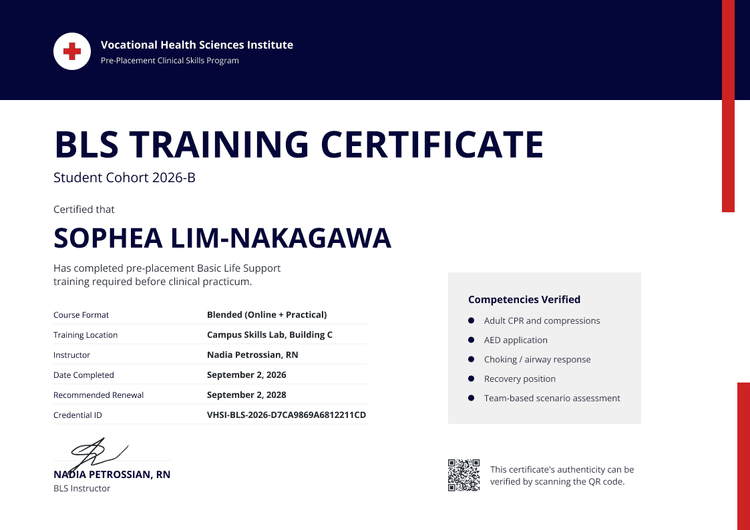 Completion Student BLS Training Certificate