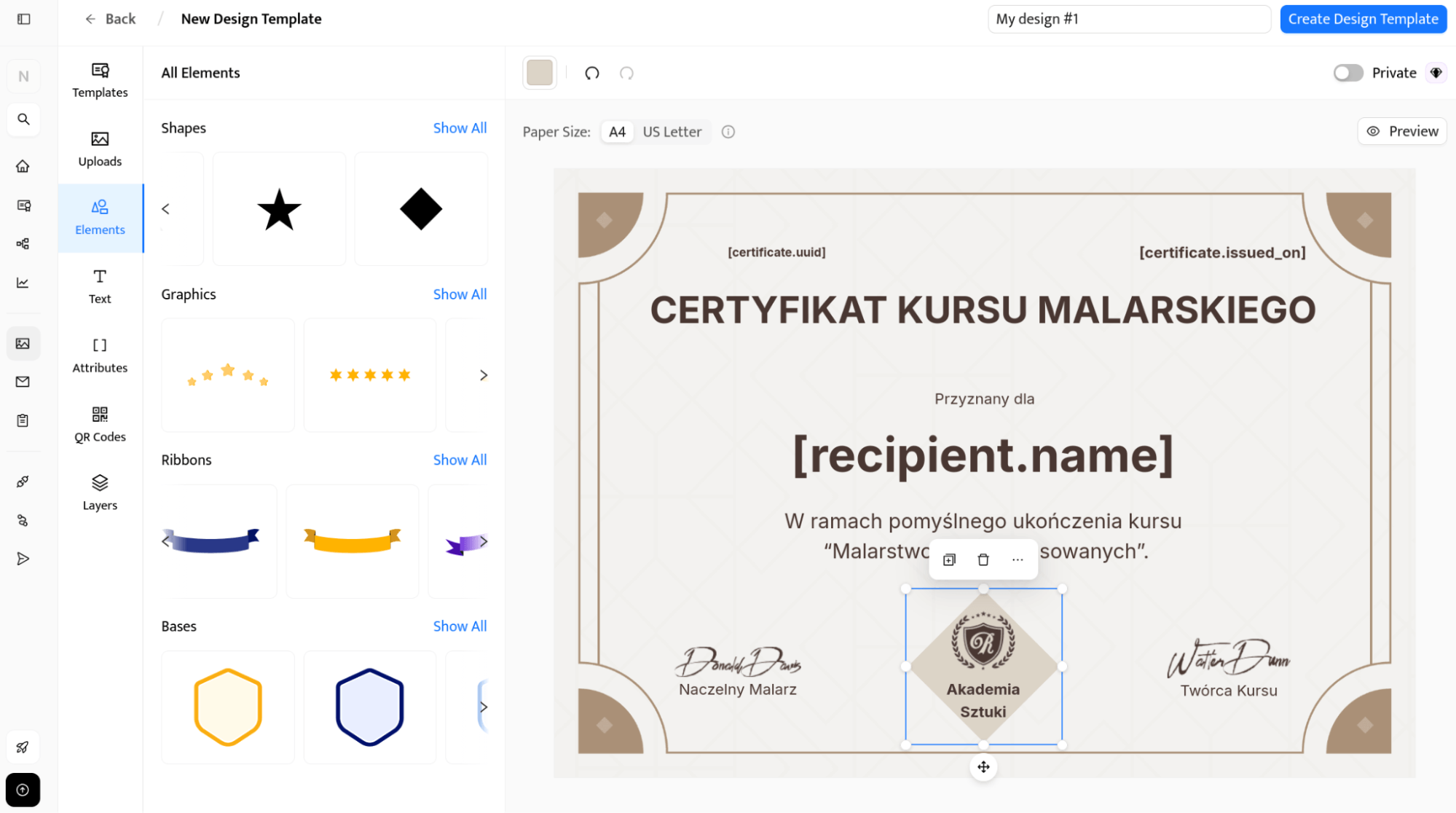 Dodawanie elementów wizualnych do szablonu certyfikatu w edytorze Certifier.