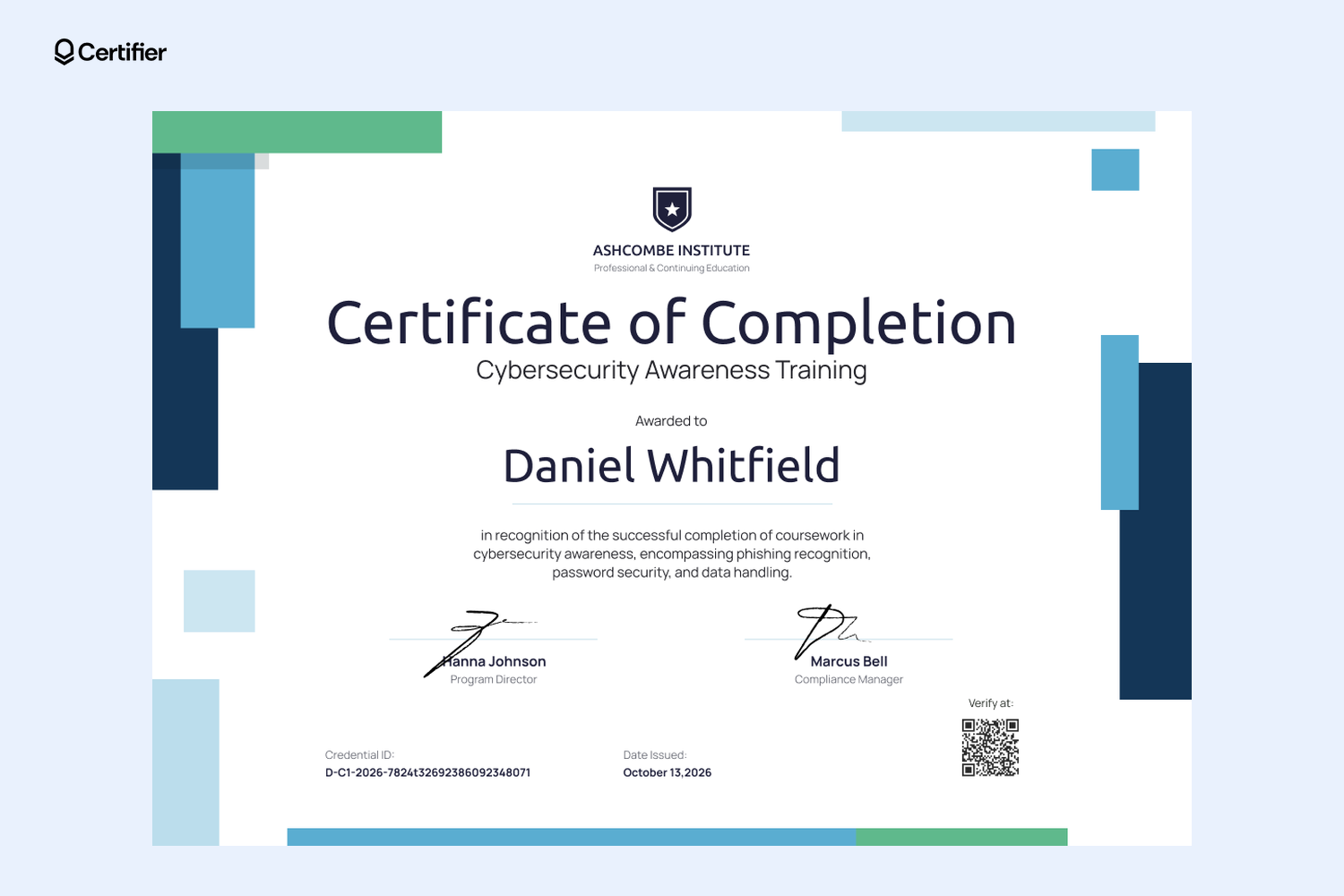 Blue cybersecurity awareness training completion certificate with two signature lines Blue cybersecurity awareness training completion certificate with two signature lines