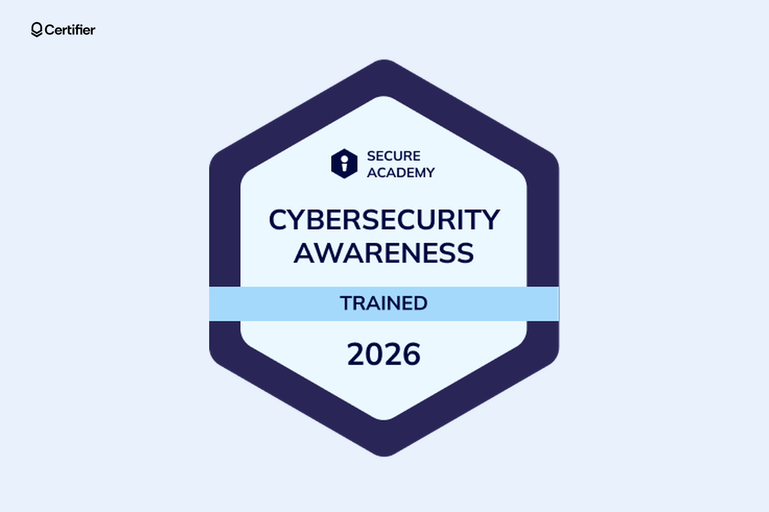 Indigo hexagon cybersecurity awareness badge with a light blue Trained band and a large year Indigo hexagon cybersecurity awareness badge with a light blue Trained band and a large year