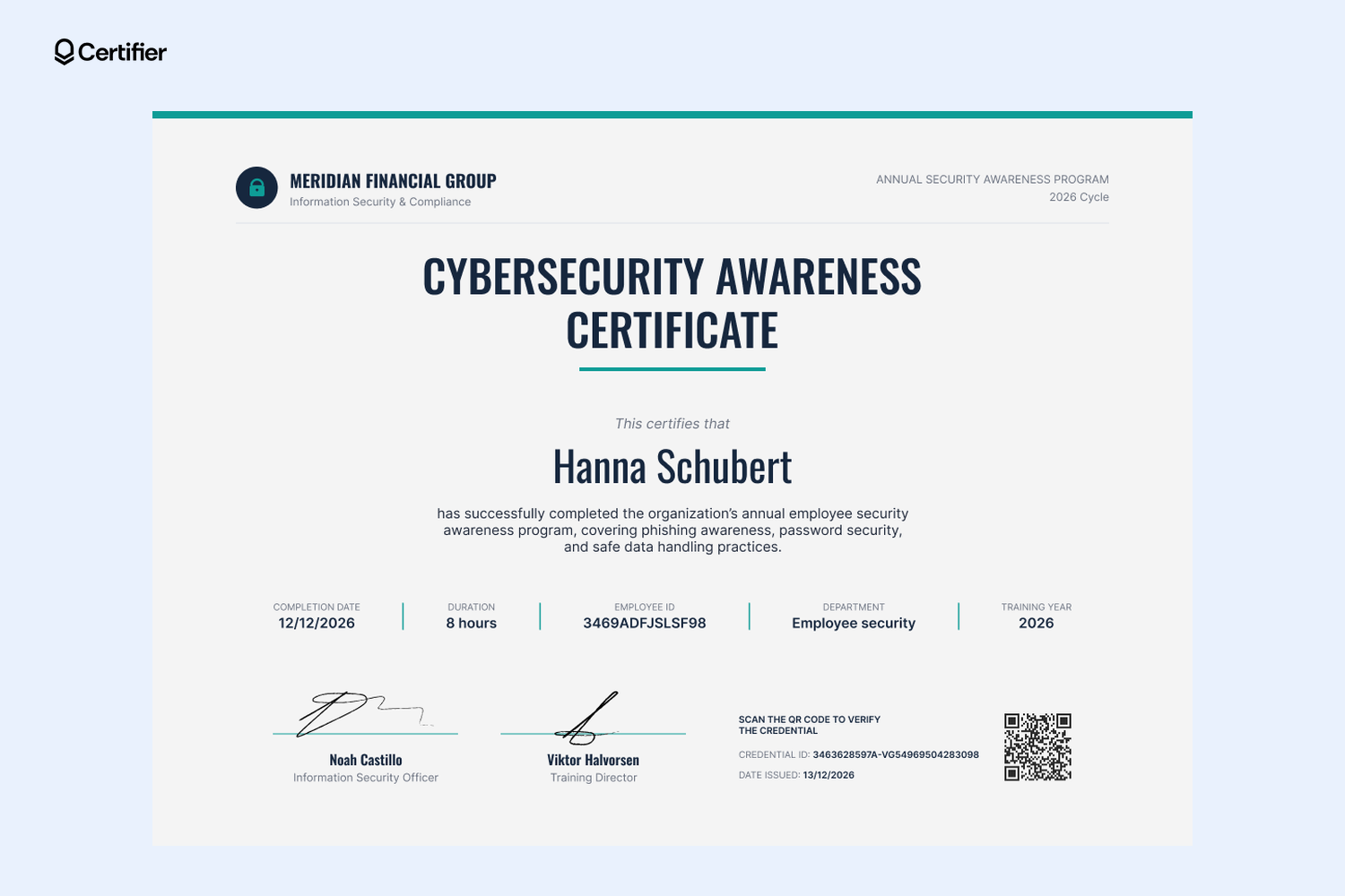 Annual cybersecurity awareness certificate with employee ID, department, and training year fields Annual cybersecurity awareness certificate with employee ID, department, and training year fields