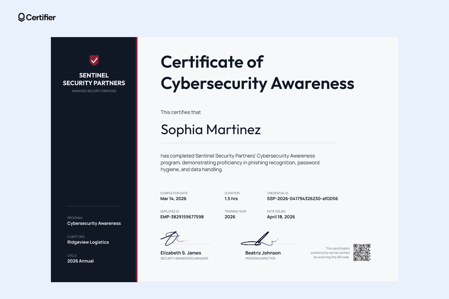 Cybersecurity awareness program certificate with a navy blue sidebar for program, client, and cycle Cybersecurity awareness program certificate with a navy blue sidebar for program, client, and cycle