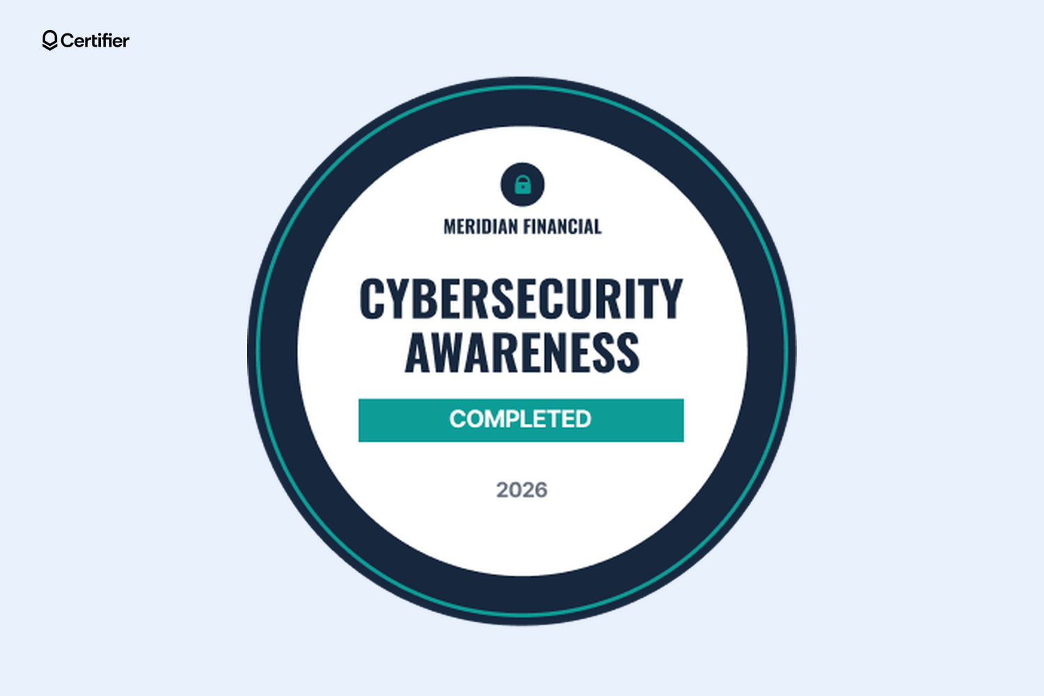 Round navy blue and teal cybersecurity awareness badge with a lock icon, a Completed bar, and the year Round navy blue and teal cybersecurity awareness badge with a lock icon, a Completed bar, and the year