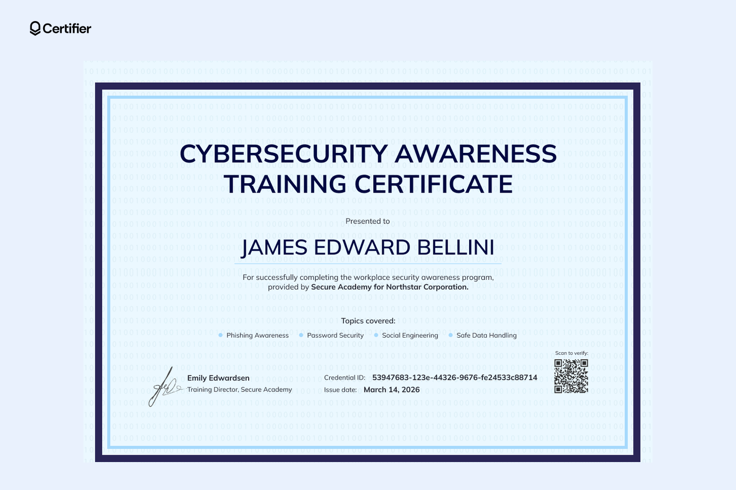 Powder blue cybersecurity awareness training certificate naming the academy and the client company Powder blue cybersecurity awareness training certificate naming the academy and the client company