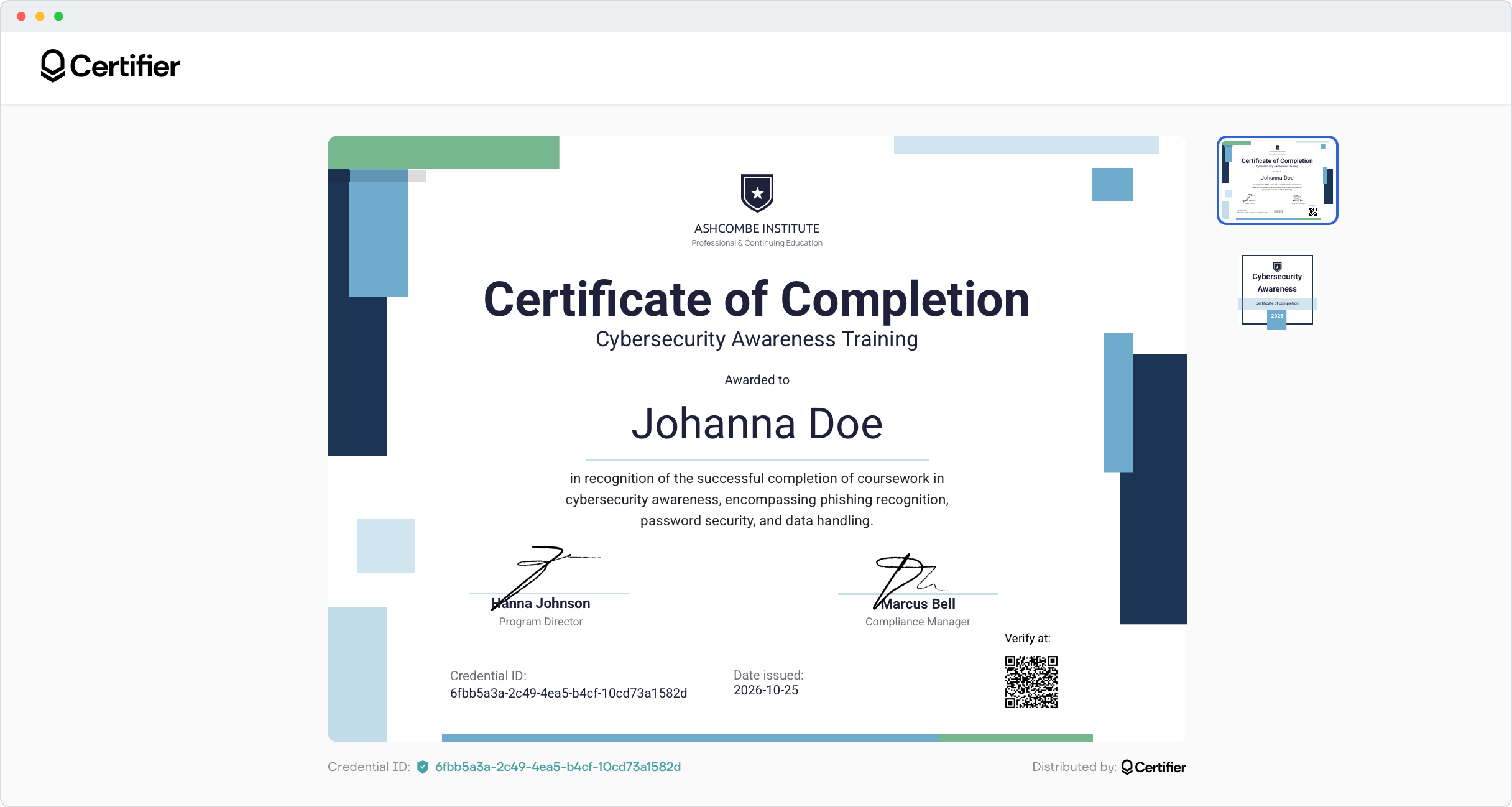 Cybersecurity training certificate and badge on the same credential page Cybersecurity training certificate and badge on the same credential page