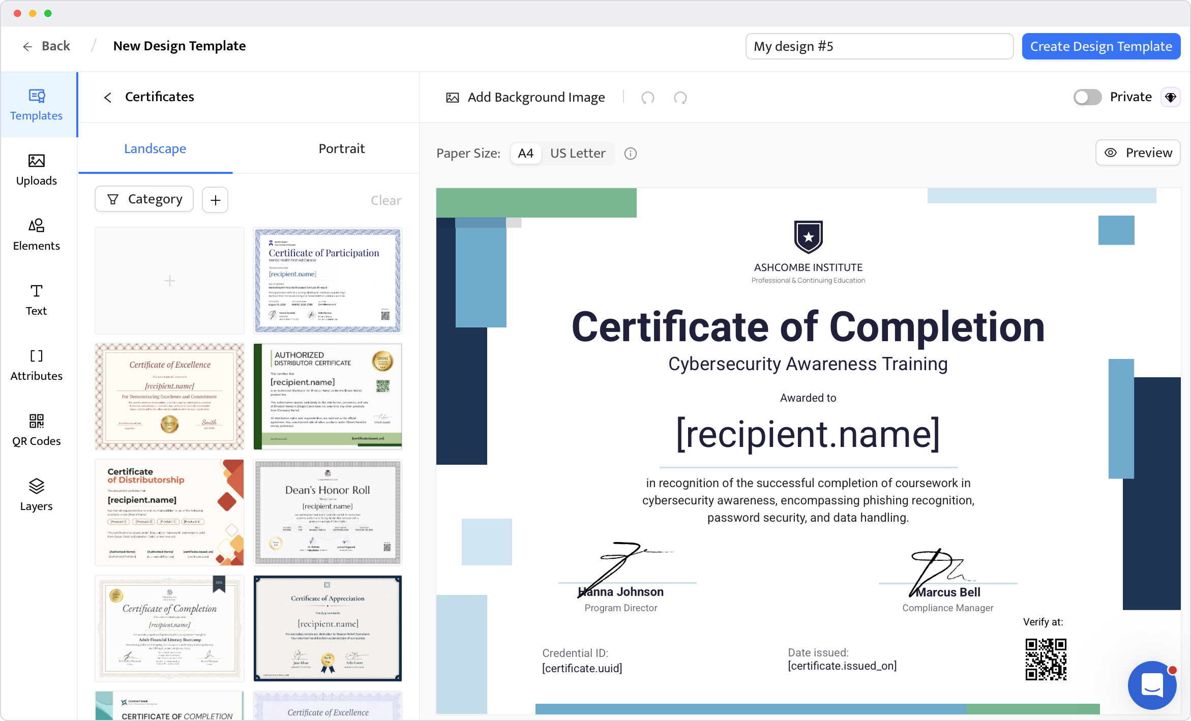 Edit this cybersecurity awareness training certificate in Certifier's design builder Edit this cybersecurity awareness training certificate in Certifier's design builder