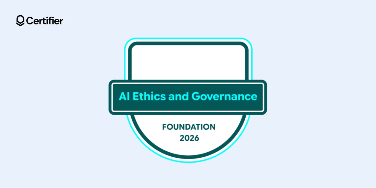 Teal and cyan shield badge reading AI Ethics and Governance, Foundation Teal and cyan shield badge reading AI Ethics and Governance, Foundation