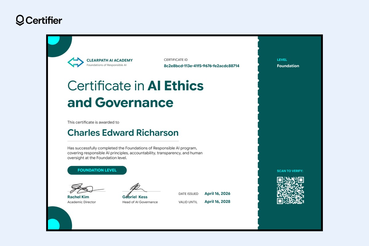 AI ethics foundation certificate with a dark teal side panel showing the level and a QR code AI ethics foundation certificate with a dark teal side panel showing the level and a QR code