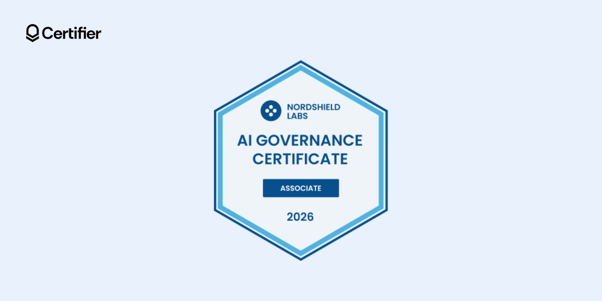 Navy and sky blue hexagon badge reading AI Governance Certificate, Associate Navy and sky blue hexagon badge reading AI Governance Certificate, Associate