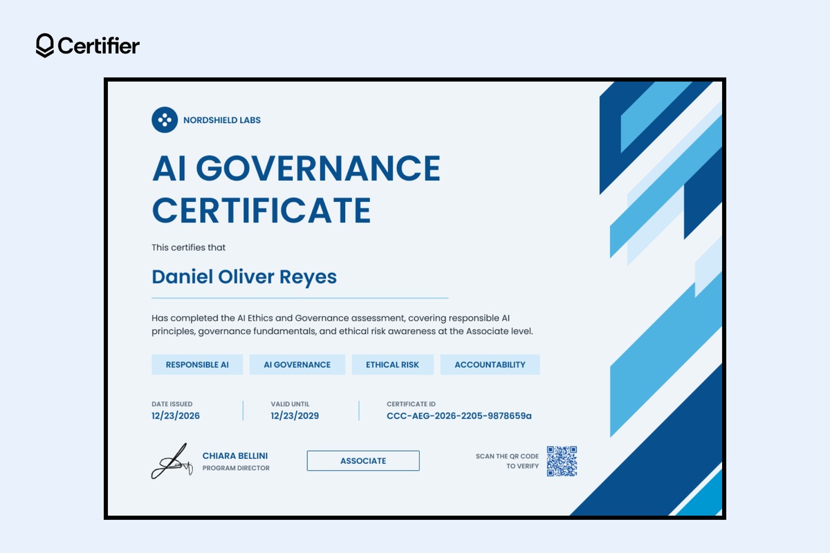 AI governance associate certificate in bright blue with four topic chips and an Associate level box AI governance associate certificate in bright blue with four topic chips and an Associate level box