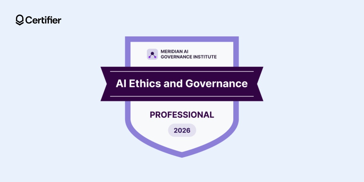 Purple and lavender shield badge with a ribbon reading AI Ethics and Governance, Professional Purple and lavender shield badge with a ribbon reading AI Ethics and Governance, Professional