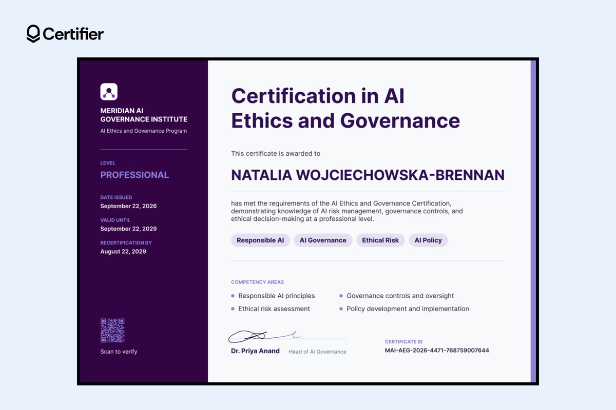 AI ethics and governance professional certificate with a purple side panel showing issue, expiry, and recertification dates AI ethics and governance professional certificate with a purple side panel showing issue, expiry, and recertification dates