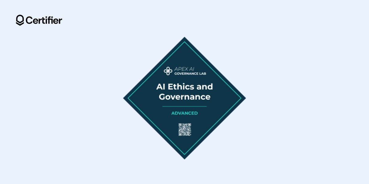 Dark teal diamond badge reading AI Ethics and Governance, Advanced, with a small QR code Dark teal diamond badge reading AI Ethics and Governance, Advanced, with a small QR code