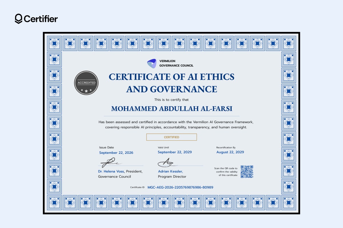 Formal AI ethics and governance certificate with a blue patterned border, a seal, and two signature lines Formal AI ethics and governance certificate with a blue patterned border, a seal, and two signature lines