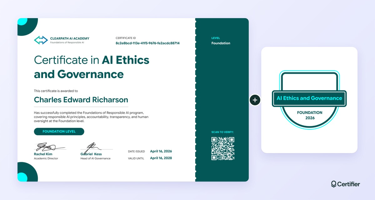 Pair an AI ethics & governance certificate with a matching badge and issue them on the same credential Pair an AI ethics & governance certificate with a matching badge and issue them on the same credential