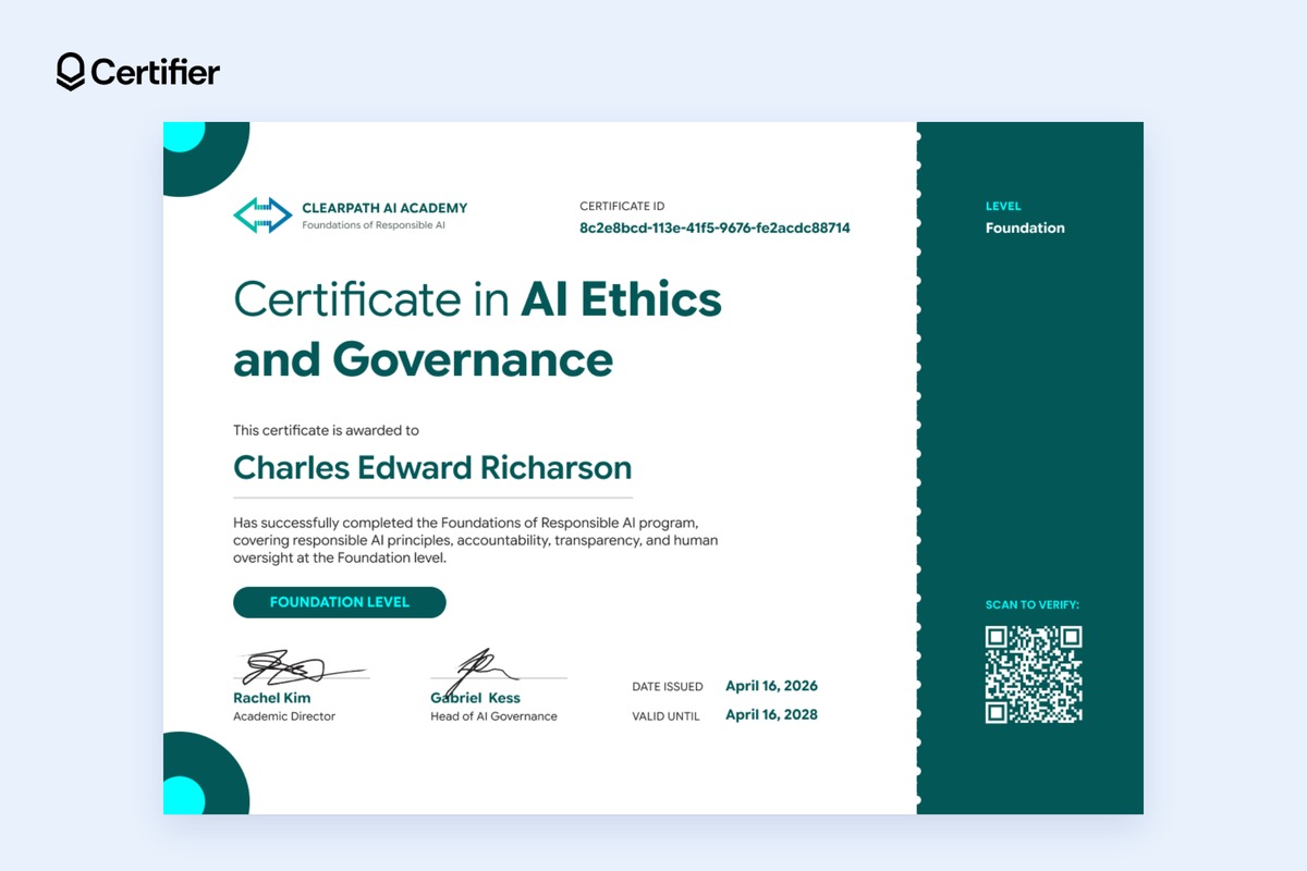 AI ethics foundation certificate with a dark teal side panel showing the level and a QR code AI ethics foundation certificate with a dark teal side panel showing the level and a QR code
