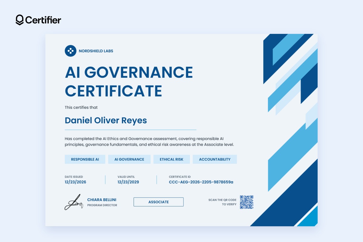 AI governance associate certificate in bright blue with four topic chips and an Associate level box AI governance associate certificate in bright blue with four topic chips and an Associate level box