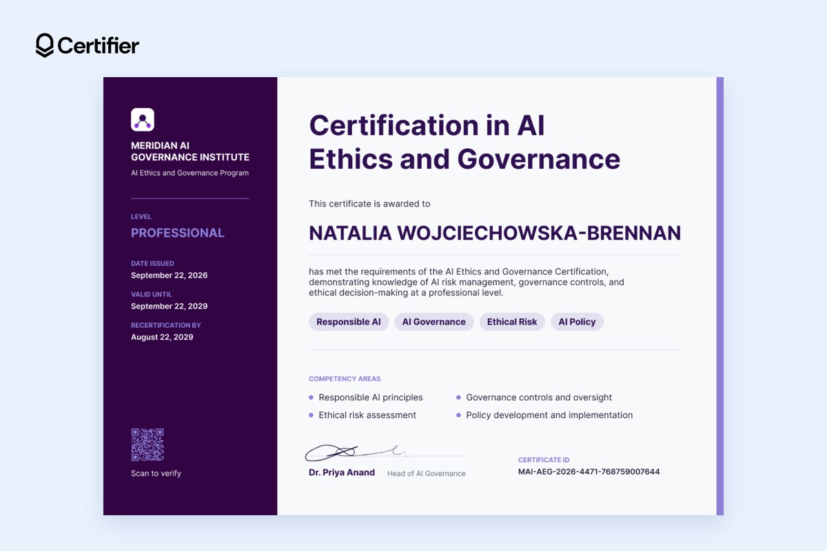 AI ethics and governance professional certificate with a purple side panel showing issue, expiry, and recertification dates AI ethics and governance professional certificate with a purple side panel showing issue, expiry, and recertification dates