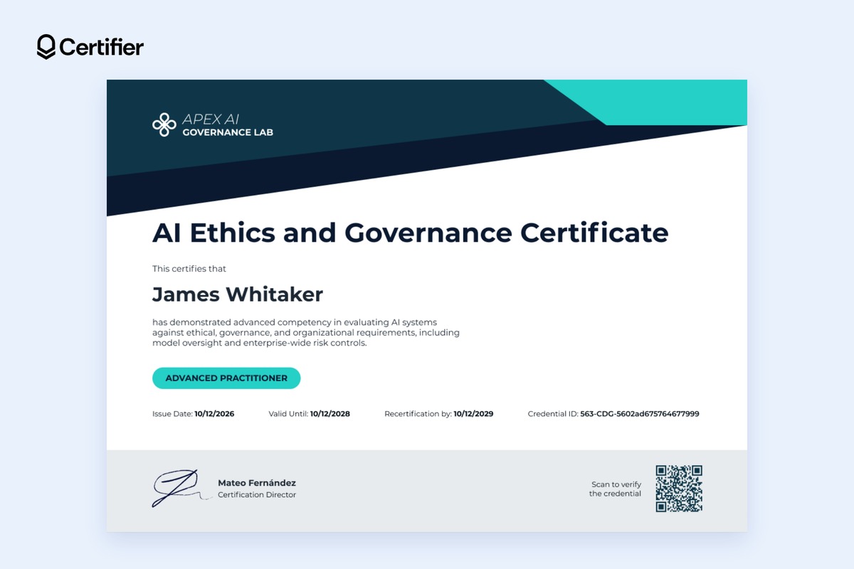 AI governance practitioner certificate with a navy and teal header and an Advanced Practitioner pill AI governance practitioner certificate with a navy and teal header and an Advanced Practitioner pill