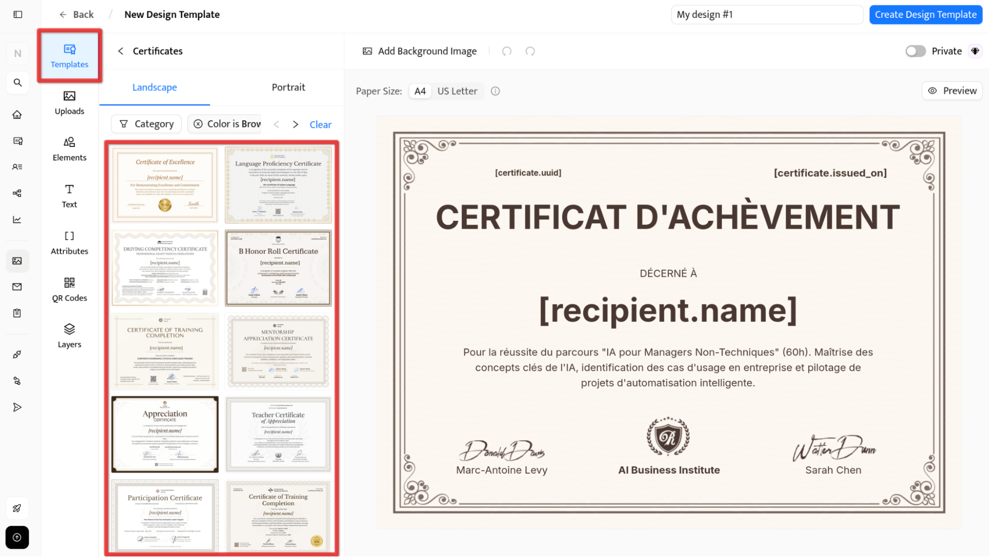Sélection d’un modèle de certificat dans l’éditeur Certifier.