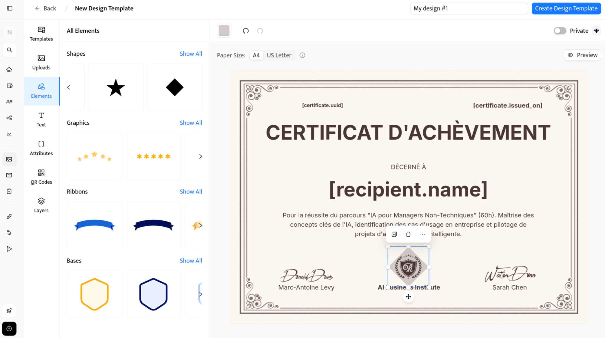 Personnalisation d’un certificat dans l’éditeur Certifier avec ajout d’un élément graphique.