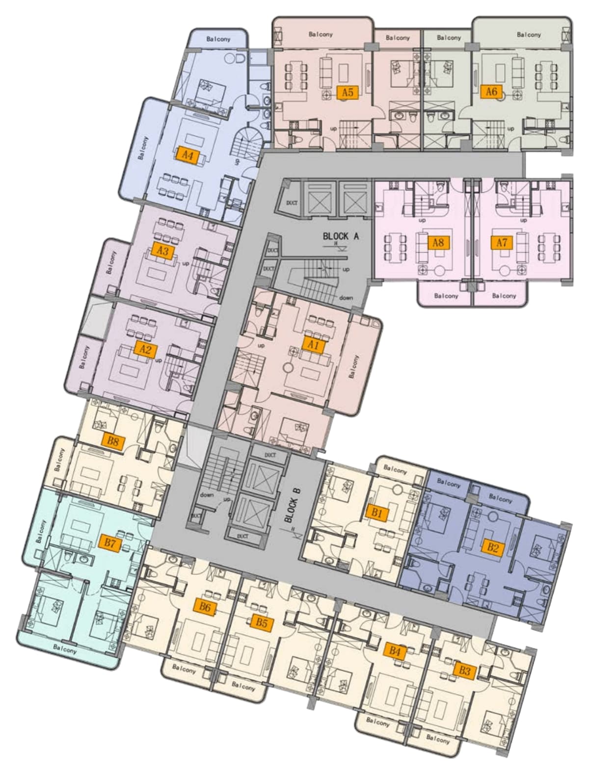 Developer layout for odd floors 3 through 17 showing Block A duplexes and Block B apartments