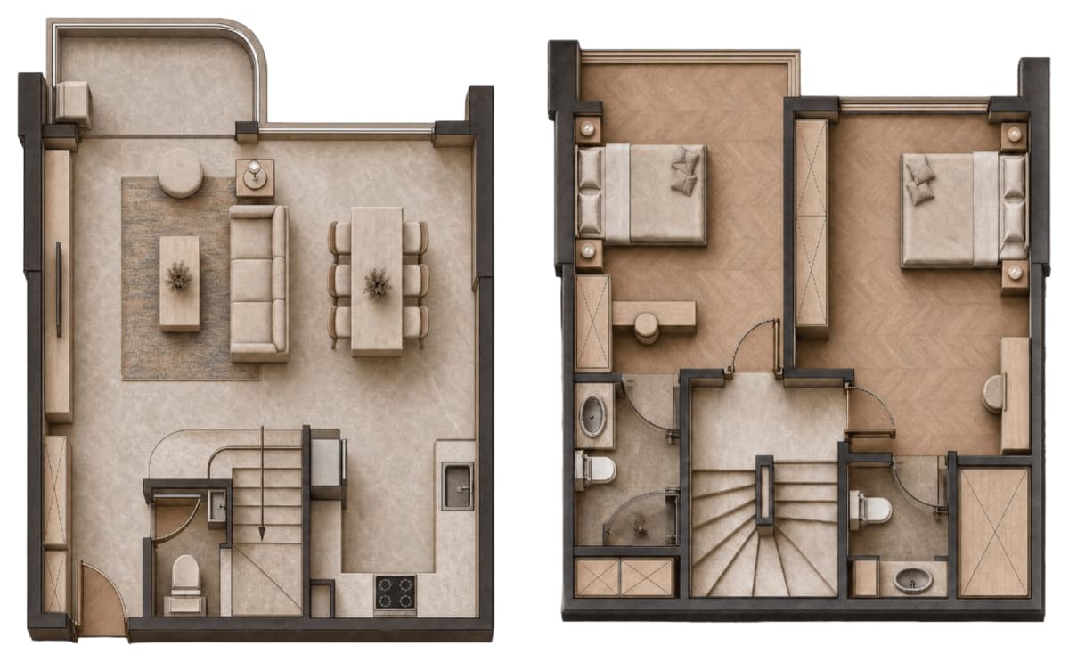 Architectural layout for 126 sqm Block A Units A2 & A3 two-level duplex
