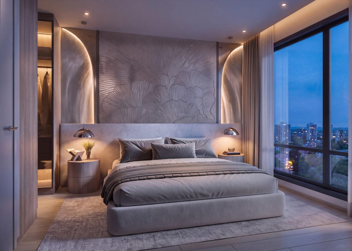 Tranquil master bedroom suite with built-in wardrobes and large picture windows