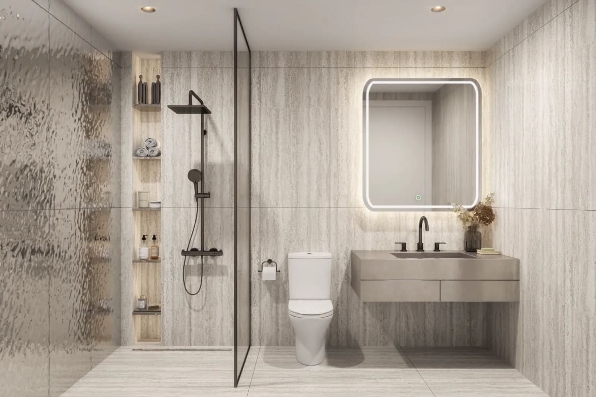 Refined bathroom with floating vanity, recessed lighting, and rainfall shower
