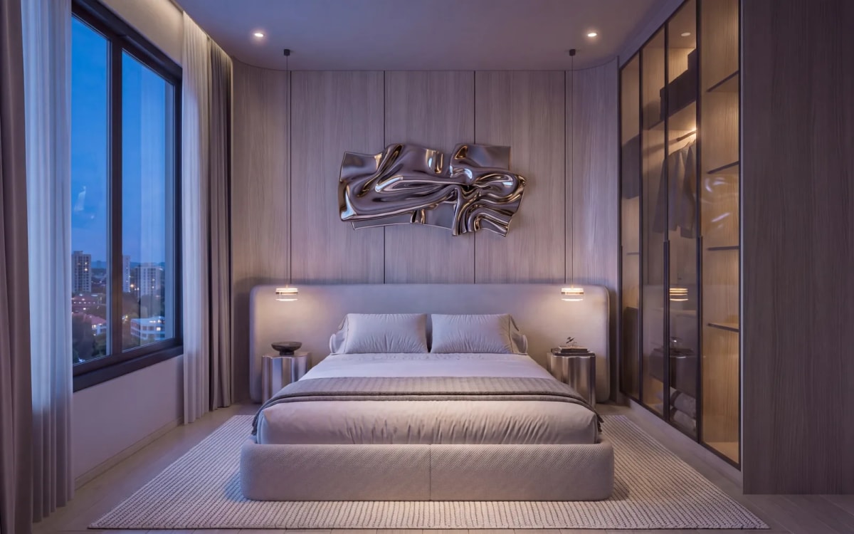 Master bedroom retreat featuring bespoke cabinetry and private city outlooks