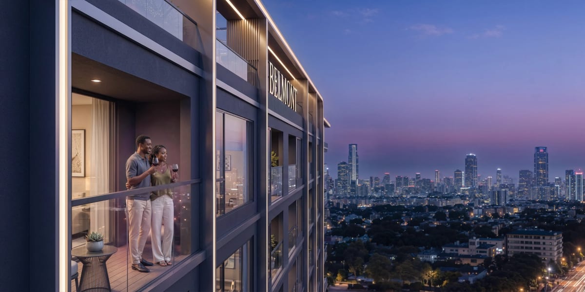 Private balcony offering expansive city views from upper residential floors