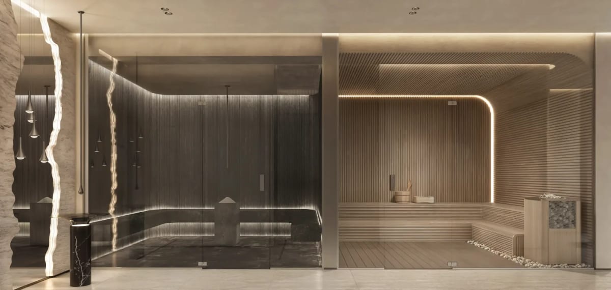 Private wellness spa featuring therapeutic sauna, steam baths, and treatment rooms