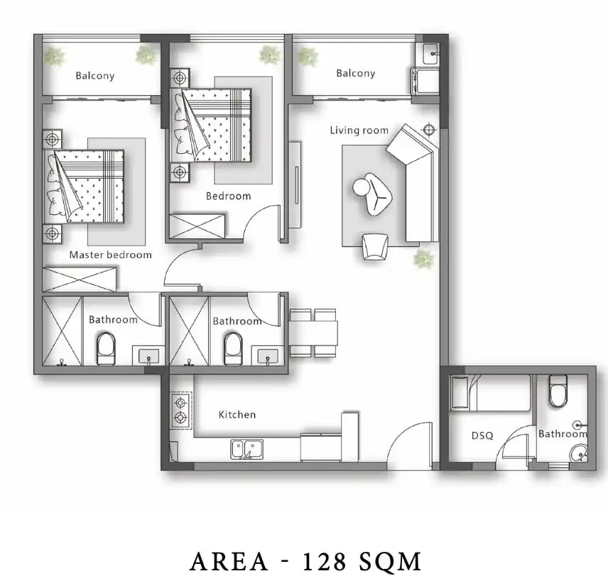 Documented 128 sqm floor plan showing self-contained DSQ, dual balconies, and master suite