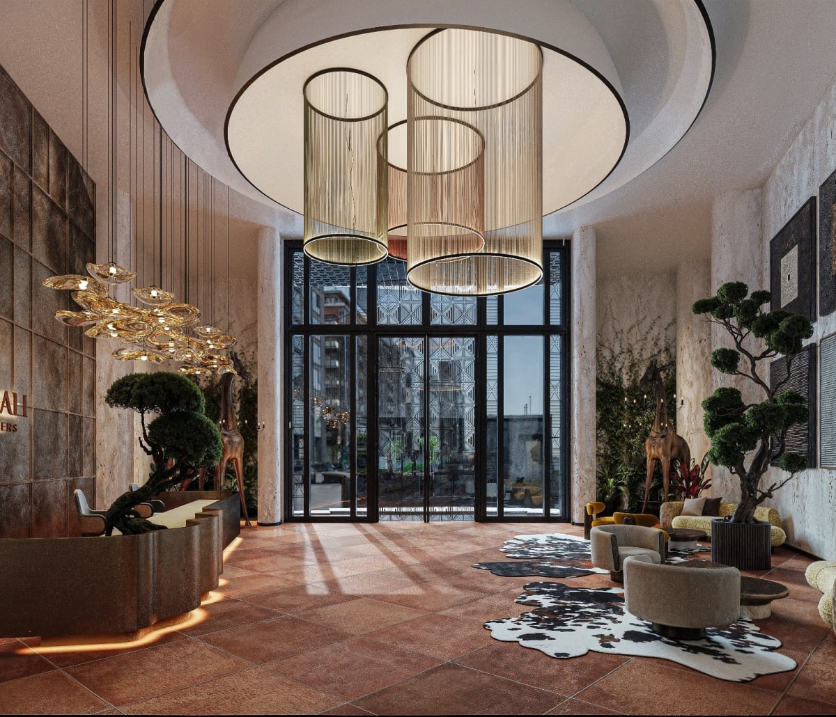 Hotel-inspired reception lobby with 24/7 security and concierge