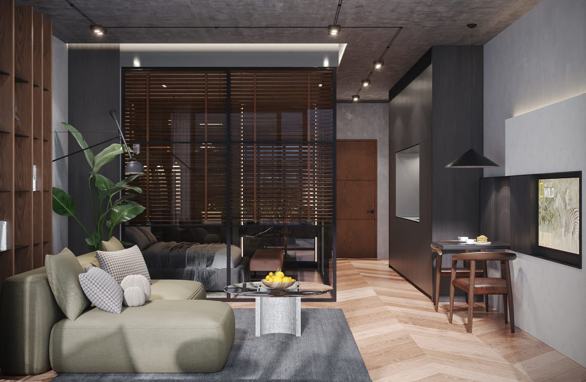Functional studio interior with high ceilings and expansive glazing