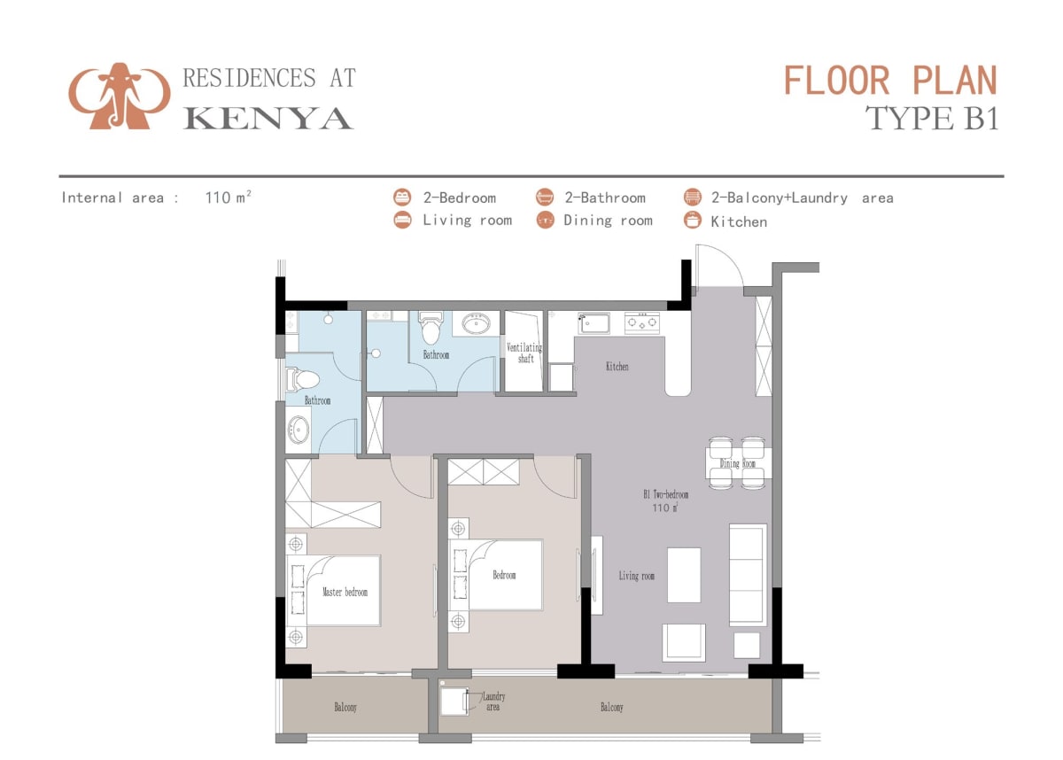Documented Type B1 floor plan showing 110 sqm layout with dual balconies and closed kitchen