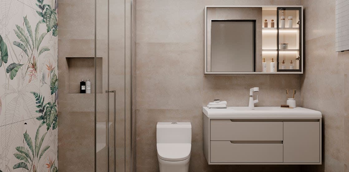 Proposed bathroom featuring contemporary fixtures and glass shower enclosure