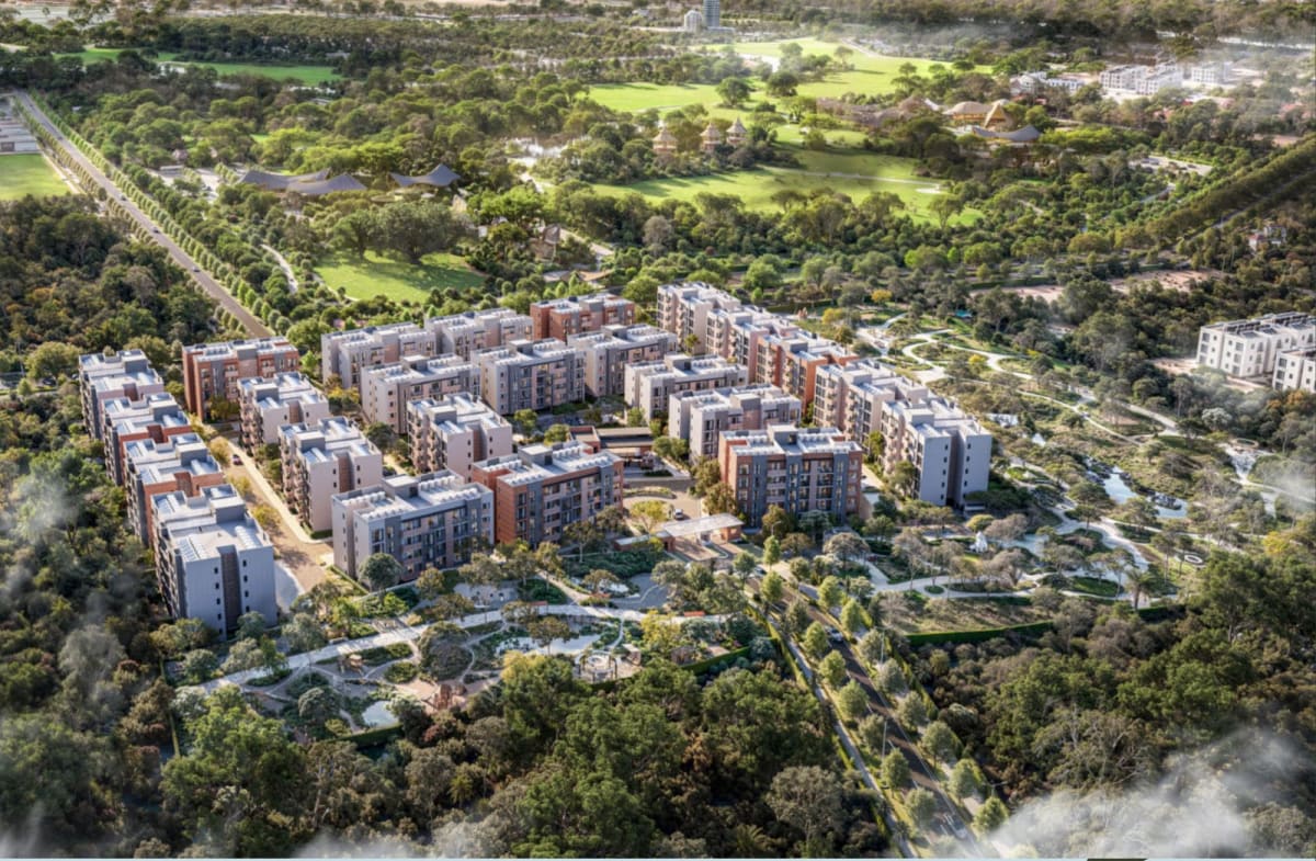Twenty-four low-rise residential blocks surrounding the central parkland courtyard