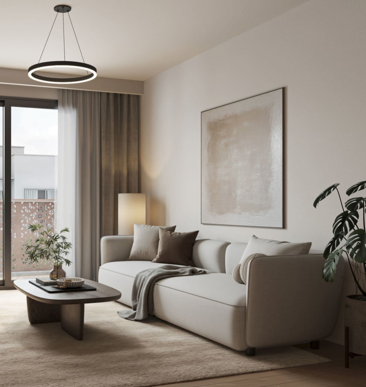 Open-concept living room with full-height glazing and balcony access