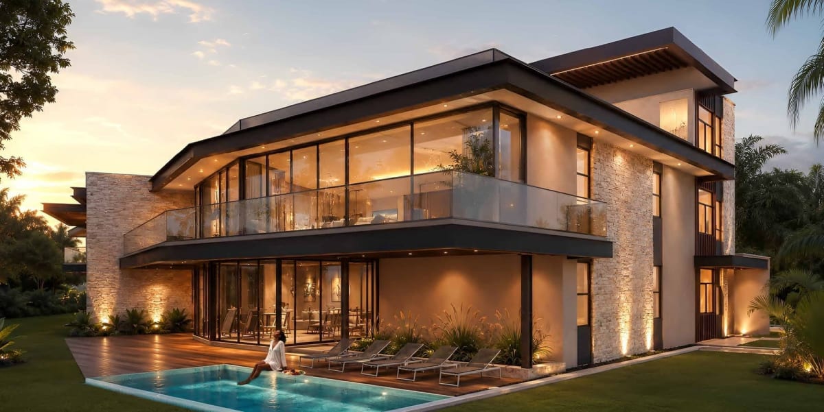 Heated residents swimming pool and lounge deck overlooking the Nanyuki River at sunset
