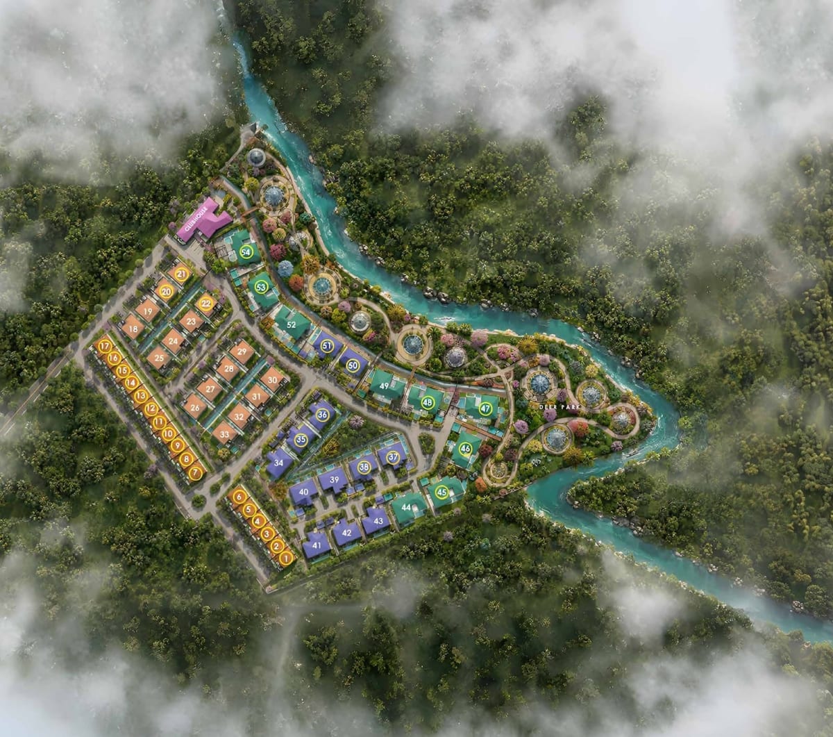 Masterplan aerial layout illustrating the 54 private villa plots along the natural riverbend