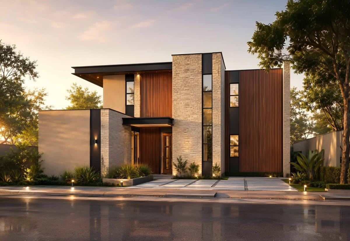 Contemporary stone and timber accented front elevation of The Gathering Villa