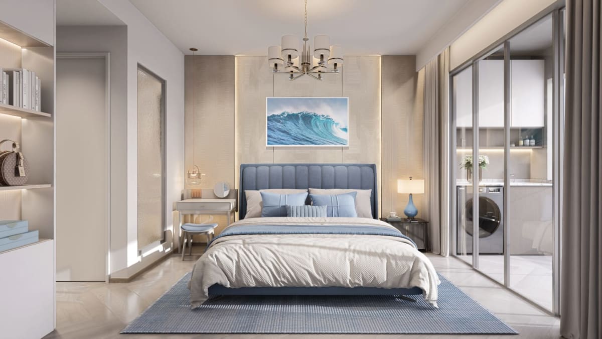 Bedroom layout featuring direct sliding-door access to an enclosed laundry and utility terrace