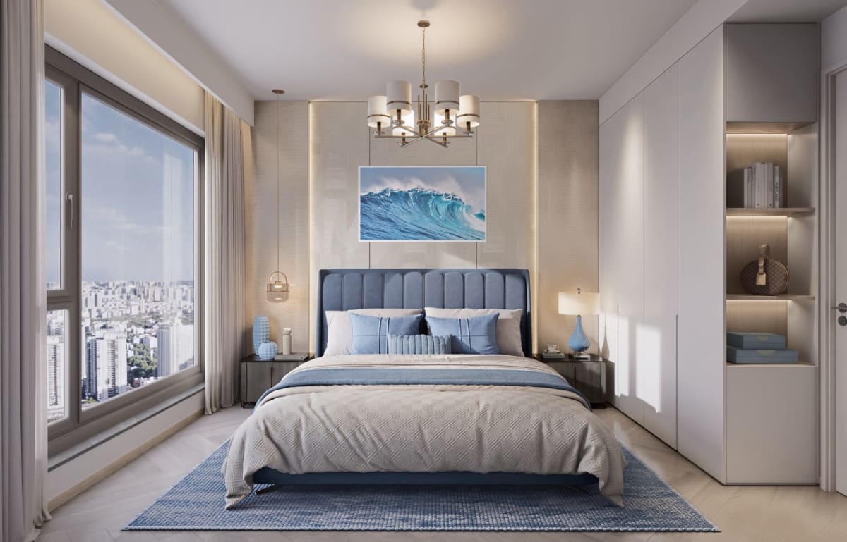 Master bedroom suite with expansive city view window, plush upholstered headboard, and floor-to-ceiling closets